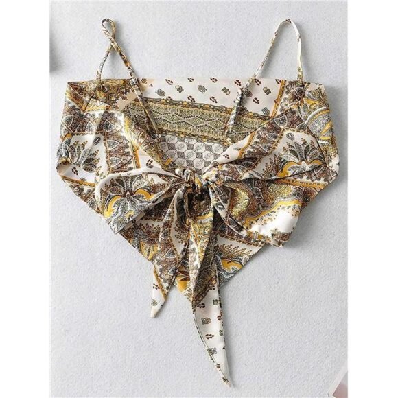 Yellow Printed Satin Silk Bandana Crop Top Tie Back Triangle Sleeveless Cami Top - Picture 6 of 11